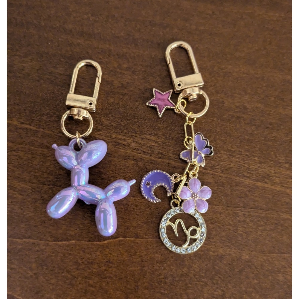 Purple Balloon Dog & Capricorn Zodiac Micro Charms Set Gold Tone Bag Accessories